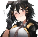  1girl animal_ears arknights bangs black_gloves black_hair brown_eyes brown_necktie commentary_request dog_ears dog_girl gloves hair_ornament hairclip highres jacket jackie_(arknights) necktie one_eye_closed raw_egg_lent shirt smile white_shirt 