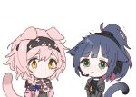  2girls animal_ears arknights black_hair black_hairband black_jacket black_shirt cat_ears cat_girl cat_tail chibi closed_mouth dal-gi goldenglow_(arknights) green_eyes hairband high_ponytail jacket jessica_(arknights) lightning_bolt_print long_hair looking_at_viewer multiple_girls open_clothes open_jacket pink_hair pink_jacket sad shirt short_hair simple_background tail white_background yellow_eyes 