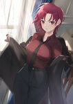  1girl bangs bazett_fraga_mcremitz black_pants breasts buttons fate/grand_order fate_(series) gloves hayashi_kewi jacket large_breasts loose_necktie manannan_mac_lir_(fate) mole mole_under_eye necktie official_art open_clothes open_jacket pants parted_bangs red_eyes red_hair red_shirt shirt solo window 