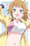  1girl :d blue_background blue_eyes breasts bright_pupils brown_hair collarbone commentary gundam gundam_build_fighters gundam_build_fighters_try hands_up hoshino_fumina ixy large_breasts looking_at_viewer navel short_hair smile solo teeth two-tone_background upper_teeth white_background white_pupils 