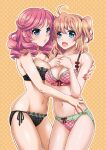  2girls aqua_eyes black_bra black_panties blue_eyes bra breasts cleavage drill_hair fingernails green_panties large_breasts medium_hair multiple_girls navel orange_hair original panties pink_bra pink_hair pink_nails poyamu twintails underwear yuri 