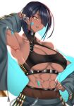  1girl anima_(togashi) bandaid bandaid_on_cheek bandaid_on_face bandaid_on_shoulder bandaid_on_stomach black_hair breasts cleavage dark-skinned_female dark_skin earrings fake_nails hair_over_one_eye halter_top halterneck hand_on_hip jacket jewelry long_bangs midriff muscular muscular_female original ring solo white_background 