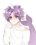  1boy :3 absurdres dolphin_tail fang highres horns indie_virtual_youtuber long_sleeves looking_up narwhal pale_skin pointy_ears purple_eyes purple_hair sevenine shirt single_horn tearing_up uncertain88 virtual_youtuber white_background white_shirt 