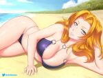  1girl alternate_costume artist_name beach bikini bleach blue_sky breasts cleavage etchimune jewelry large_breasts looking_at_viewer lying matsumoto_rangiku necklace o-ring o-ring_bikini on_side orange_hair palm_tree purple_bikini sky swimsuit thighs tree twitter_username water white_eyes 