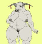  anthro areola belly big_belly big_breasts bovid bovine breasts cattle clitoris curvy_figure digital_media_(artwork) female genitals hi_res horn mammal muscular muscular_female natural_breasts navel nipples nude open_mouth overweight pecs pregnant pubes pussy sagging_breasts simple_background snakedakyoot solo thick_thighs wide_hips worried_look 