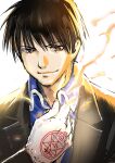  1boy black_coat blue_shirt brown_eyes brown_hair closed_mouth coat embers fullmetal_alchemist gloves hand_up highres ikuchan_kaoru looking_at_viewer male_focus roy_mustang shirt short_hair smile solo upper_body 