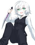  1girl :d alternate_costume bangs black_pants black_vest breasts buttons collarbone eyebrows_visible_through_hair fate/apocrypha fate_(series) feet_out_of_frame green_eyes grey_background hair_between_eyes holding holding_knife jack_the_ripper_(fate/apocrypha) knife long_sleeves pants shirt short_hair simple_background sitting small_breasts smile solo teeth upper_teeth vest waka_(shark_waka) white_shirt 