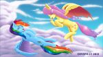  2021 absurd_res cloud cutie_mark detailed_background divifilly duo equid equine eyes_closed female feral fluttershy_(mlp) flying friendship_is_magic happy hi_res mammal my_little_pony pegasus rainbow_dash_(mlp) signature sky wings 