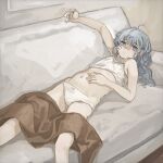  1girl bangs blanket blue_eyes closed_mouth couch flat_chest grey_hair hair_between_eyes hand_on_own_stomach hibiki_(kancolle) highres indoors kantai_collection kuro4221 long_hair looking_at_viewer lying messy_hair on_back panties solo tank_top underwear white_panties white_tank_top 