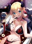  1girl bangs bathtub bikini black_bikini blonde_hair blue_eyes blurry blush breasts candy cat chocolate_syrup demon_girl demon_horns demon_tail demon_wings depth_of_field dessert doughnut eyebrows_visible_through_hair food food_on_breasts food_on_face hair_between_eyes hair_rings highres hololive horns large_breasts licking licking_finger looking_to_the_side multi-strapped_bikini navel nidaime_(doronbo) pointy_ears pouring sidelocks stomach strap_gap string_bikini swimsuit tail valentine wings yuzuki_choco 