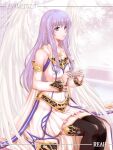  1girl angel_wings detached_sleeves dress falcom harmonica highres instrument looking_at_viewer outdoors purple_eyes purple_hair reah_(ys) sitting solo thighhighs wings xiacheng_tatsuya ys ys_origin 