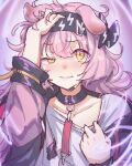  1girl animal_ears arknights black_bow black_choker black_hairband black_jacket blush bow cat_ears choker clenched_teeth collarbone crying crying_with_eyes_open electricity goldenglow_(arknights) grey_shirt hair_bow hairband hand_on_own_head highres jacket lightning_bolt_print long_hair long_sleeves looking_at_viewer open_clothes open_jacket parted_lips pink_hair sher_(imnotsher) shirt solo tears teeth upper_body yellow_eyes 