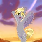  blonde_mane blue_body cross-eyed cutie_mark day derpy_hooves_(mlp) detailed_background divifilly equid equine female feral friendship_is_magic happy hasbro hi_res mammal mane my_little_pony open_mouth pegasus solo wings yellow_eyes 