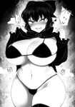  1girl :d bangs bikini blush bow breasts cape cape_tug cleavage cowboy_shot fang greyscale hair_bow hands_up haseru_(ginku_mh) heart high_collar holding holding_cape holding_clothes huge_breasts long_sleeves looking_at_viewer monochrome navel nose_blush open_mouth pointy_ears puffy_long_sleeves puffy_sleeves pussy_juice sekibanki short_hair simple_background skin_fang skindentation smile solo swimsuit thick_thighs thighhighs thighs touhou tsurime 