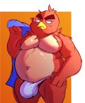 1:1 2022 angry_birds anthro avian beak belly big_belly bird blush blush_lines bulge chubby_anthro chubby_male clothing eyebrows feathers front_view holding_clothing holding_object holding_towel looking_aside male moobs mostly_nude navel overweight overweight_anthro overweight_male red_(angry_birds) red_body red_feathers sharkvore slightly_chubby solo standing thong towel underwear video_games 