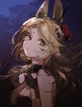  1girl :o animal_ears arknights bare_shoulders blonde_hair breasts cat_ears cleavage cleavage_cutout clothing_cutout dark_background long_hair looking_at_viewer medium_breasts orange_eyes parted_lips qianzhu quercus_(arknights) sleeveless solo upper_body 