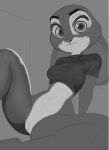  2021 anthro bottomless breasts clothed clothing crop_top disney female front_view genitals greyscale judy_hopps lagomorph leporid looking_at_viewer mammal monochrome nipple_outline portrait pussy rabbit saransaran shirt sketch smile solo three-quarter_portrait topwear unfinished zootopia 