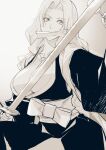 1girl artist_name bleach breasts cleavage eyebrows_visible_through_hair grey_background haori holding holding_sword holding_weapon huge_breasts japanese_clothes jewelry katana long_hair maotai matsumoto_rangiku monochrome necklace simple_background solo sword weapon wide_sleeves 