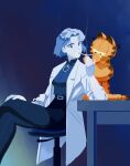  1boy 1girl absurdres akagi_ritsuko animal_ears bangs belt black_shirt blue_background blue_theme cat_boy cat_ears cat_tail chair cigarette coat commentary crossover desk english_commentary garfield garfield_(character) high_collar highres labcoat long_sleeves mole mole_under_eye monochrome neon_genesis_evangelion ninemeaw office_chair on_desk pantyhose pencil_skirt shirt shirt_tucked_in short_hair simple_background sitting skirt smoking spot_color tail 