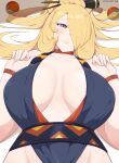  1girl absurdres blonde_hair blush breasts breasts_apart center_opening choker collarbone covered_nipples cynthia_(pokemon) grey_eyes hair_ornament hair_over_one_eye half-closed_eye heart heart_choker highres kaos_art lips long_hair looking_at_viewer out_of_frame poke_ball pokemon pokemon_(game) pokemon_legends:_arceus revealing_clothes seductive_smile sleeveless smile upper_body wristband 