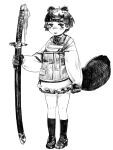  1girl animal_ears apron bangs blush commentary_request full_body gloves greyscale holding holding_sheath holding_sword holding_weapon kappougi kneehighs kuro4221 leaf leaf_on_head long_hair monochrome original parted_lips raccoon_ears raccoon_girl raccoon_tail sailor_collar sheath sheathed short_hair sketch solo standing sword tail weapon 