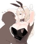  ... 1boy 1girl animal_ears armpits arms_up black_leotard blonde_hair blush bow bowtie breasts cleavage detached_collar drooling earrings highres jewelry large_breasts leotard looking_at_another mouth_drool nino_(sunaba_suzume) original playboy_bunny rabbit_ears silhouette simple_background smelling smelling_armpit speech_bubble spoken_ellipsis straight_hair stud_earrings sunaba_suzume sweat trembling upper_body white_background 
