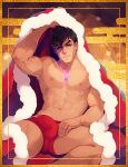  1boy abs bara black_hair briefs bulge cape fur-trimmed_cape fur_trim holding holding_cape holding_clothes large_pectorals looking_at_viewer male_focus male_underwear malos_(xenoblade) muscular muscular_male navel nipples pectorals purple_eyes qvoro red_male_underwear short_hair sitting smile solo thick_thighs thighs twitter_username underwear xenoblade_chronicles_(series) xenoblade_chronicles_2 