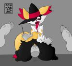  &lt;3 &lt;3_eyes ahegao anthro bodily_fluids braixen breasts clitoris clothing disembodied_hand disembodied_penis female genital_fluids genitals gesture grey_background hat headgear headwear kneeling looking_pleasured male nintendo nipples paws penetration penis pok&eacute;mon pok&eacute;mon_(species) ponporio_(artist) pussy pussy_juice signature simple_background small_breasts solo thick_thighs tongue tongue_out v_sign vaginal vaginal_penetration vein veiny_penis video_games witch_hat 