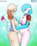  &lt;3 &lt;3_eyes 2022 beret big_breasts blue_background bodily_fluids bottomless breast_fondling breast_play breasts clothed clothing complex_vortex drooling exposed_breasts eyewear female female/female fingering fondling gardevoir glasses hand_on_breast hat headgear headwear humanoid katherine_(complex_vortex) nintendo nipples not_furry pok&eacute;mon pok&eacute;mon_(species) red_eyes saliva scarf signature simple_background smeargle turquoise_hair vaginal vaginal_fingering video_games 