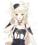  1girl animal_ears arknights bangs black_choker black_headwear blonde_hair blue_eyes cat_ears cat_girl choker dal-gi dress flower gloves hair_flower hair_ornament hat heterochromia long_hair looking_at_viewer mini_hat nightmare_(arknights) nightmare_(light_and_shadow)_(arknights) parted_lips red_eyes sidelocks simple_background solo upper_body very_long_hair white_flower white_gloves 