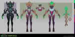  1girl alternate_costume artist_name bare_shoulders black_leotard black_skin boots border breasts character_name closed_mouth colored_skin concept_art detached_sleeves evelynn_(league_of_legends) full_body gauntlets gem glowing glowing_eyes gradient gradient_background green_hair grey_border groin helmet highres large_breasts league_of_legends leotard looking_at_viewer pink_leotard thigh_boots thighhighs vladbacescu web_address 