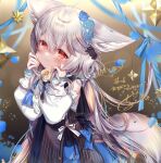  1girl ahoge animal_ear_fluff animal_ears chi_no commentary_request commission ears_down fox_ears fox_girl fox_tail full_body highres large_ears long_hair original red_eyes sakurada_shiro skeb_commission solo tail tied_hair very_long_hair white_hair 