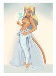  2021 anthro bedroom_eyes blonde_hair blue_eyes breasts clothed clothing disney domestic_cat felid feline felis female full-length_portrait hair hair_over_eye hand_on_hip high_heels kitten_kaboodle looking_at_viewer mammal narrowed_eyes nipples one_eye_obstructed partially_clothed pinup portrait pose saransaran seductive side_view solo talespin tan_body topless white_clothing 
