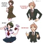  1boy 1girl ahoge bangs black_jacket black_necktie black_sailor_collar black_skirt blunt_bangs breasts brother_and_sister brown_eyes brown_hair brown_skirt bye_dad_i&#039;m_leaving_for_the_party_(meme) collarbone collared_shirt cropped_legs danganronpa:_trigger_happy_havoc danganronpa_(series) danganronpa_another_episode:_ultra_despair_girls english_text from_side hands_on_hips hands_up holding holding_megaphone jacket large_breasts long_sleeves megaphone meme midori_(310ri_21) naegi_komaru naegi_makoto neck_ribbon necktie official_alternate_costume open_mouth pleated_skirt ribbon sailor_collar school_uniform shiny shiny_hair shirt short_hair siblings simple_background skirt white_background 