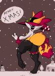  anthro bell braixen breasts candy candy_cane christmas clothing dessert dialogue english_text female food genitals hat headgear headwear holidays jingle_bell looking_at_viewer merry_christmas mistletoe nintendo nipples paws plant pok&eacute;mon pok&eacute;mon_(species) ponporio_(artist) pussy rear_view red_eyes ribbons simple_background solo text video_games witch_hat 