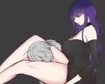  1boy 1girl bangs bare_legs black_background black_choker black_dress breasts choker dress expressionless eyebrows_visible_through_hair femdom genshin_impact head_between_thighs large_breasts long_hair looking_at_another mole mole_under_eye neri_aisu open_mouth purple_eyes purple_hair raiden_shogun reverse_ryona sadism scissorhold sitting thighs 