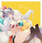  1girl animal_ears bikini blue_eyes boots border breasts brown_footwear bunny closed_mouth commission dog_ears gradient_hair huge_breasts ikuchan_kaoru_(character) indie_virtual_youtuber knee_boots looking_at_viewer multicolored_hair navel o-ring o-ring_bikini o-ring_top purple_hair reclining sankomichi second-party_source skeb_commission solo swimsuit white_border yellow_background 