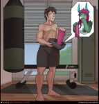 anthro big_breasts bottomwear box breasts clothed clothing container dragon female gloves gym handwear hi_res horn human latex_gloves locker lunate male mammal punching_bag shorts solo topless topless_male weight_bench 