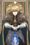  1boy armor blonde_hair fate/grand_order fate_(series) gawain_(fate) green_eyes hand_on_hilt highres holding holding_sword holding_weapon knight korean_commentary looking_at_viewer male_focus seomouse short_hair solo sword weapon 