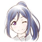  1girl anibache bangs birthday blue_hair blush commentary eyebrows_visible_through_hair high_ponytail long_hair looking_at_viewer love_live! love_live!_sunshine!! matsuura_kanan one_eye_closed ponytail portrait purple_eyes school_uniform sidelocks smile solo uranohoshi_school_uniform white_background 