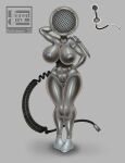  2022 absurd_res animate_inanimate big_breasts breasts female for_a_head front_view full-length_portrait genitals grey_background grey_nipples hand_behind_head hand_on_hip hi_res humanoid metallic_body microphone nipples not_furry nude object_head portrait pussy redviewer_55 simple_background solo standing 