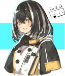  1girl :d arknights black_hair black_jacket blue_background blush cropped_torso dated fbc jacket looking_at_viewer lowres magallan_(arknights) multicolored_hair smile solo streaked_hair two-tone_background upper_body white_background white_hair yellow_eyes 