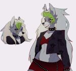  anthro black_nose black_tie_(suit) blue_body bottomwear brassiere canid canine canis clothing clothing_aside collar collarbone crow449 dominant ear_piercing ear_ring eyeshadow fangs female five_nights_at_freddy&#039;s five_nights_at_freddy&#039;s:_security_breach fox fur green_hair grey_body grey_fur hair hi_res long_hair machine makeup mammal piercing roxanne_wolf_(fnaf) scottgames silver_hair skirt smile solo spikes suit video_games wide_hips wolf yellow_eyes 