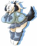 2022 anthro big_breasts black_ears black_nose black_tail blue_bottomwear blue_clothing blue_skirt bottomwear breasts canid canine canis clothed clothing curvy_figure digital_media_(artwork) domestic_dog fangs female floppy_ears full-length_portrait fur hair hair_over_eye half-closed_eyes hand_in_pocket hi_res huge_breasts mammal narrowed_eyes one_eye_obstructed open_mouth pink_tongue pockets ponytail portrait puppychan simple_background skirt solo solratic three-quarter_view tongue voluptuous white_background white_body white_fur white_hair 