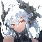  1girl ahoge bare_shoulders chin_guard closed_mouth collarbone commentary_request fang hair_between_eyes hair_ornament hairclip headgear looking_at_viewer mecha_musume medium_hair original raised_eyebrow red_eyes sigure-zzzz skin_fang slit_pupils solo uneven_eyes white_background white_hair 