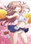  1girl blue_skirt blush breasts cheering cheerleader cleavage eyebrows_visible_through_hair fuji_(pixiv24804665) hair_between_eyes highres holding holding_pom_poms johnston_(kancolle) kantai_collection kneehighs large_breasts light_brown_hair long_hair navel open_mouth panties pink_eyes pleated_skirt pom_pom_(cheerleading) round_teeth shoes skirt smile sneakers solo sparkle teeth two_side_up underwear upper_teeth white_legwear white_panties 