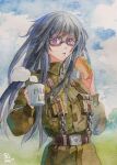  1girl artist_name bangs belt black_hair brown_belt cloud cup english_commentary food glasses gretel_jeckeln highres holding holding_cup holding_food military military_uniform mixed-language_commentary mug muvluv muvluv_alternative open_mouth painting_(medium) philiera purple_eyes russian_commentary sandwich schwarzesmarken sky solo steam traditional_media tree uniform watercolor_(medium) 