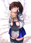  1girl apron blue_hakama breath brown_eyes brown_hair brown_mittens commentary_request cowboy_shot flight_deck fur-trimmed_mittens fur_trim hakama hakama_short_skirt hakama_skirt japanese_clothes kaga_(kancolle) kantai_collection long_hair mani_oniniku muneate scarf side_ponytail skirt solo standing tasuki thighhighs translation_request 