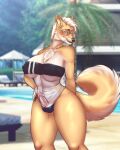  absurd_res big_breasts breasts canid canine clothing emily_art eyewear fox fur genitals glasses hi_res intersex ivka mammal meme meme_clothing multicolored_body multicolored_fur penis solo standing swimming_pool swimwear white_body white_fur yellow_body yellow_fur 