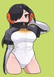  1girl black_hair blush brown_eyes commentary_request eyebrows_visible_through_hair grey_jacket hair_over_one_eye headphones high_collar highres jacket kemono_friends king_penguin_(kemono_friends) long_sleeves looking_at_viewer multicolored_hair one-piece_swimsuit orange_hair rinx short_hair solo swimsuit upper_body white_swimsuit 